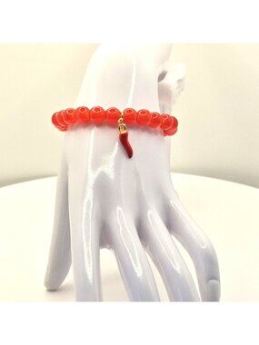 Red Beaded Bracelet With Chili Pepper Protection Charm Elastic Design Handcrafte